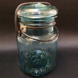 Vintage Rare #9 Ball Ideal Blue Glass Quart Jar W/ Top & Wire